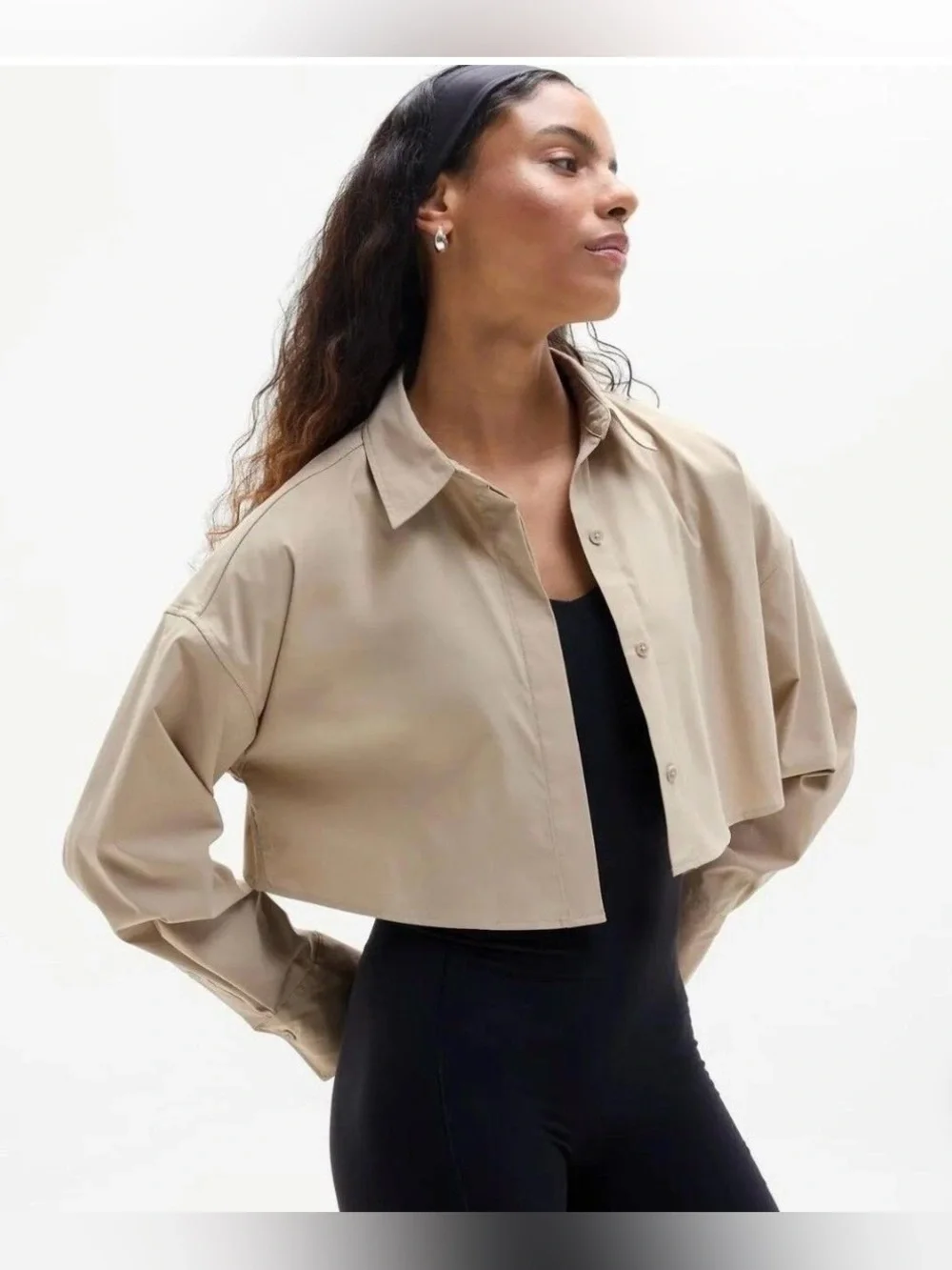 Athleta Midday Ultra Cropped Khaki Button Down Preppy Academia Everyday Boxy - Picture 1 of 9
